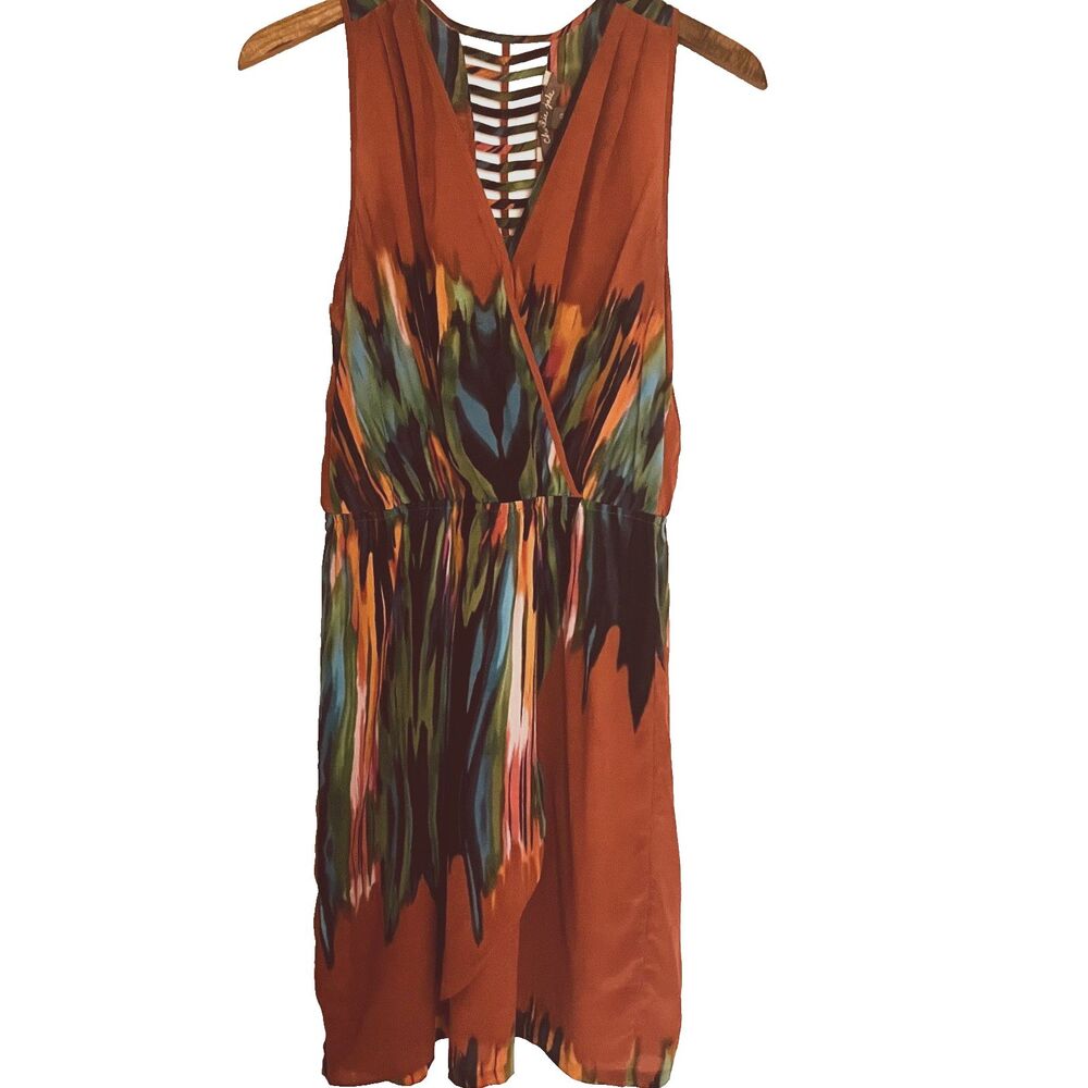 Charlie Jade Dress L Silk Abstract Faux Wrap Sleeveless Boho Western